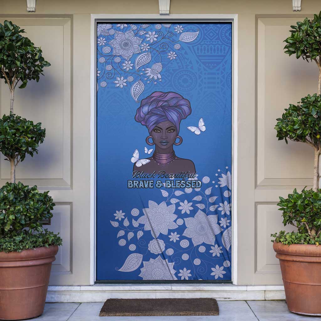African Women Door Cover Black Beautiful Brave and Bressed - Blue Color - Wonder Print Shop