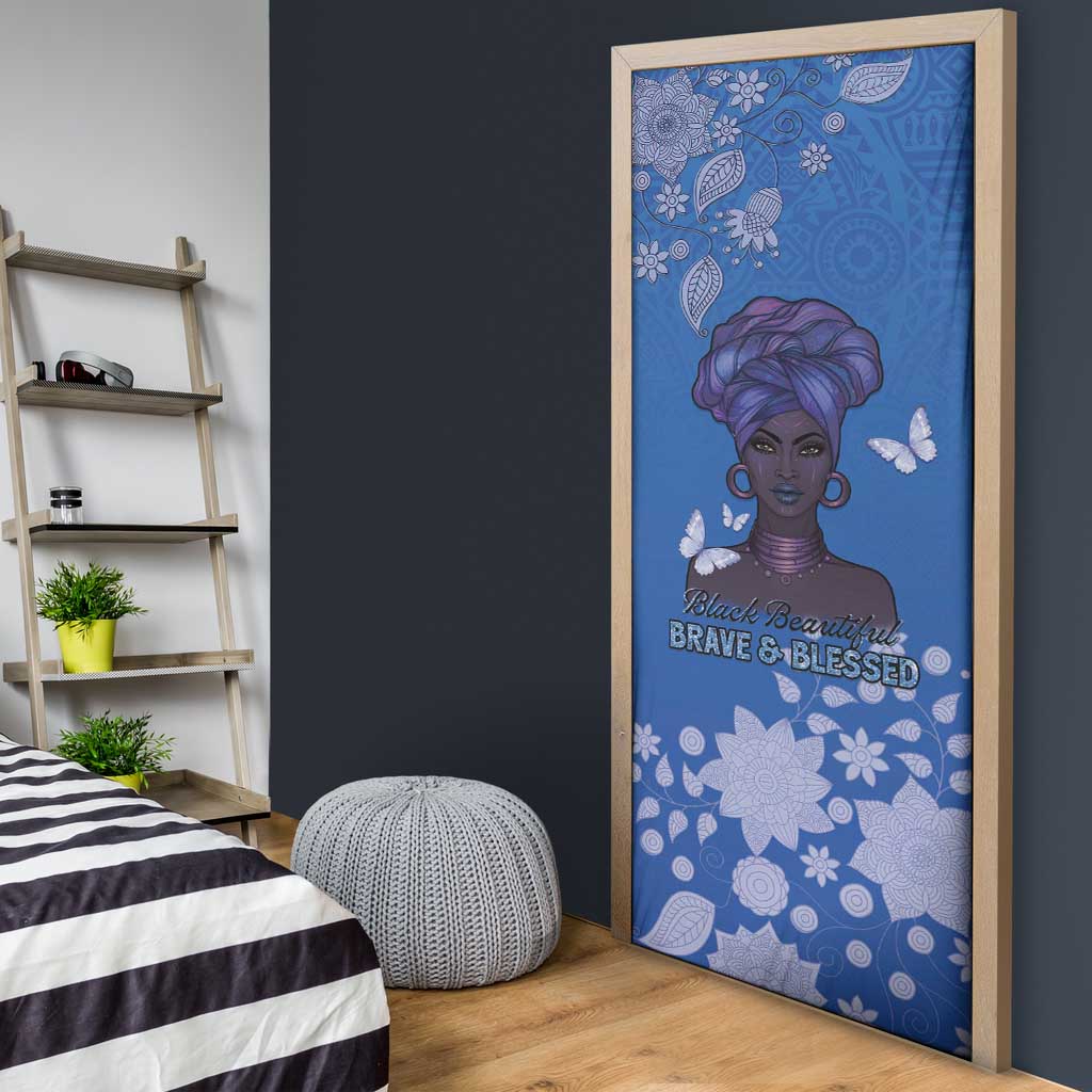 African Women Door Cover Black Beautiful Brave and Bressed - Blue Color - Wonder Print Shop