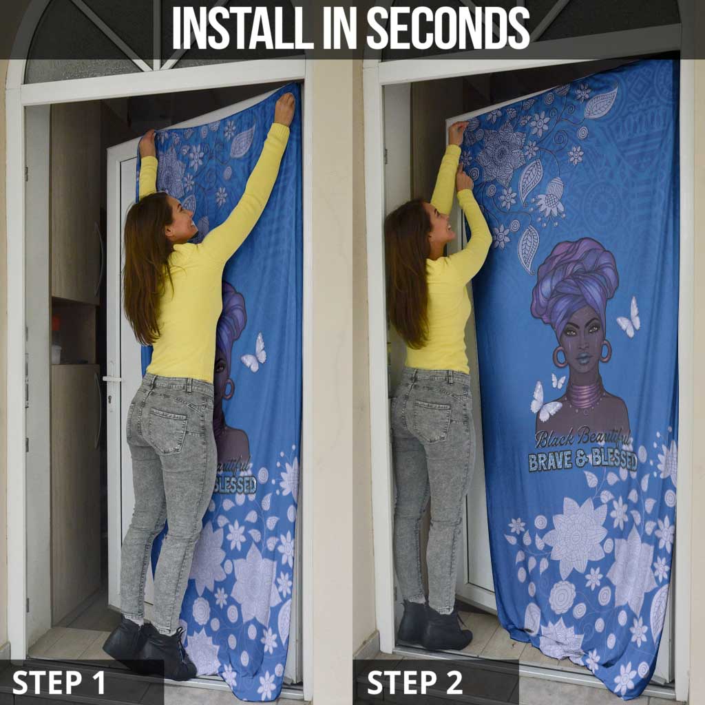 African Women Door Cover Black Beautiful Brave and Bressed - Blue Color - Wonder Print Shop