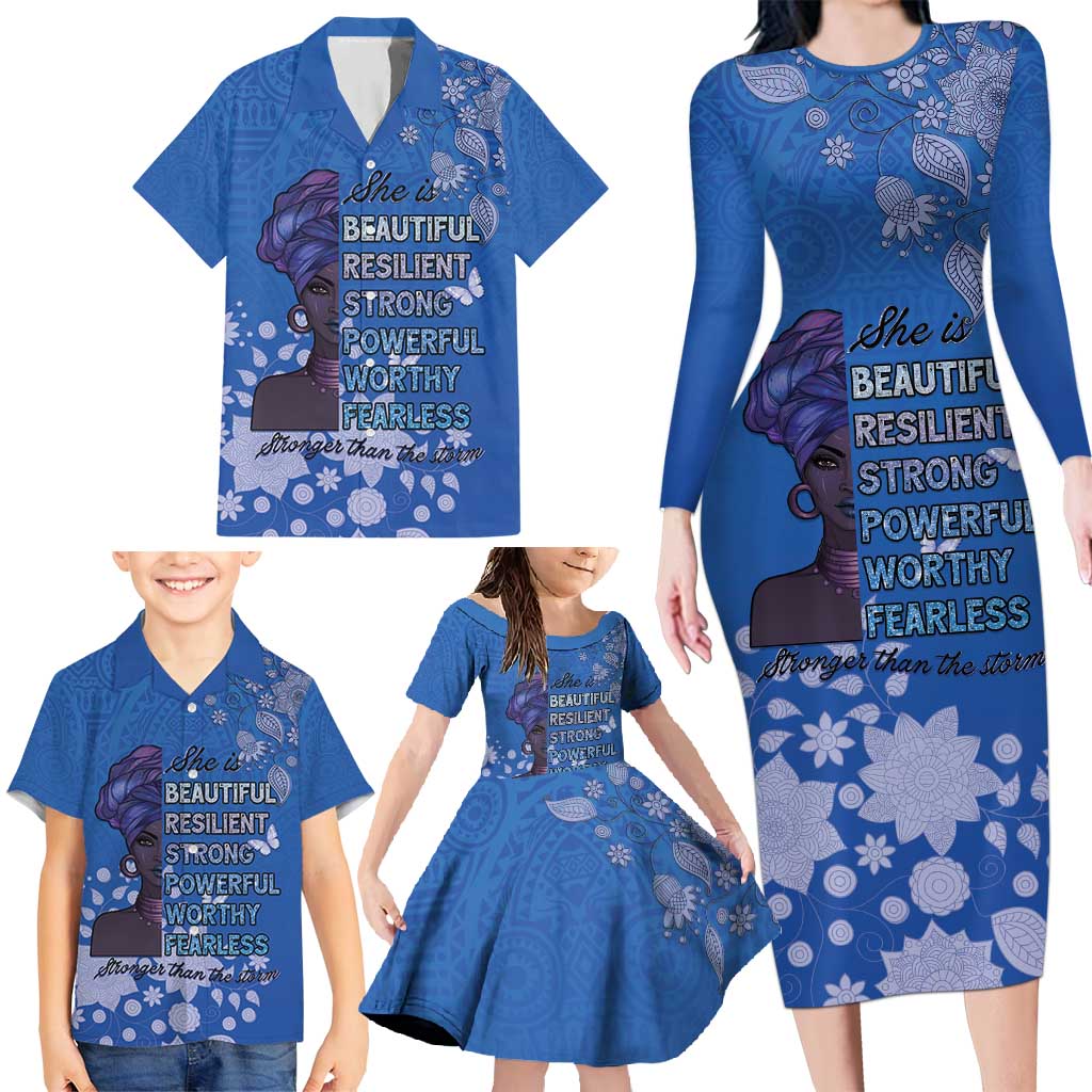 African Women Family Matching Long Sleeve Bodycon Dress and Hawaiian Shirt Black Beautiful Brave and Bressed - Blue Color - Wonder Print Shop