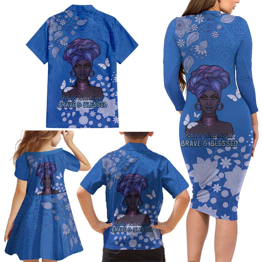 African Women Family Matching Long Sleeve Bodycon Dress and Hawaiian Shirt Black Beautiful Brave and Bressed - Blue Color - Wonder Print Shop