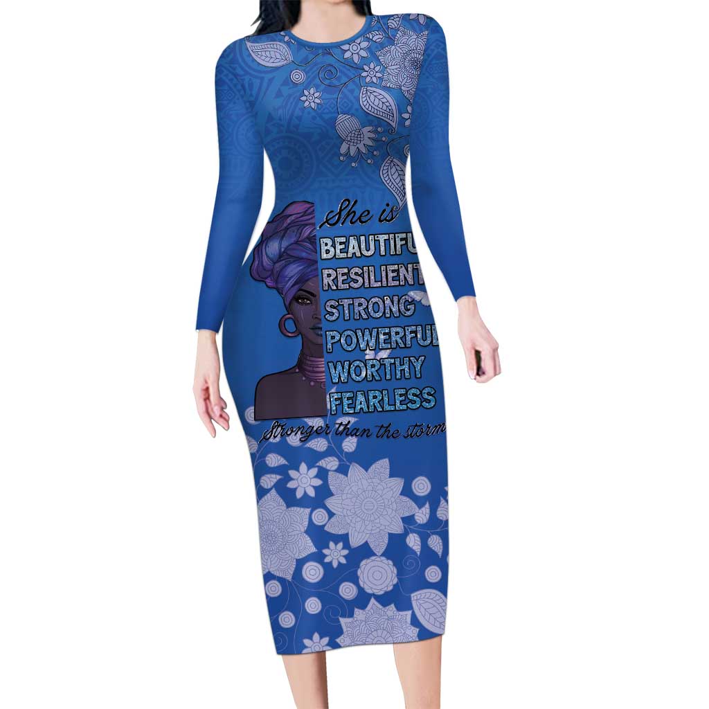 African Women Family Matching Long Sleeve Bodycon Dress and Hawaiian Shirt Black Beautiful Brave and Bressed - Blue Color - Wonder Print Shop
