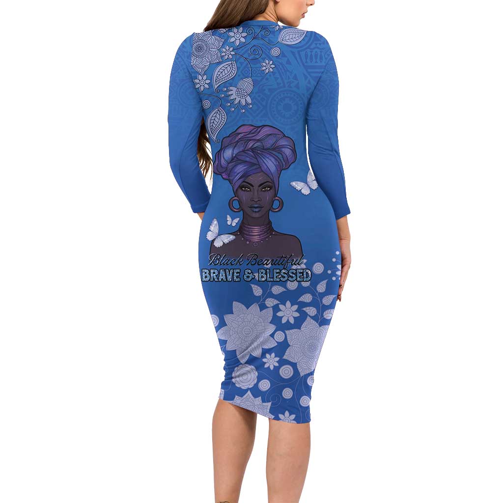 African Women Family Matching Long Sleeve Bodycon Dress and Hawaiian Shirt Black Beautiful Brave and Bressed - Blue Color - Wonder Print Shop