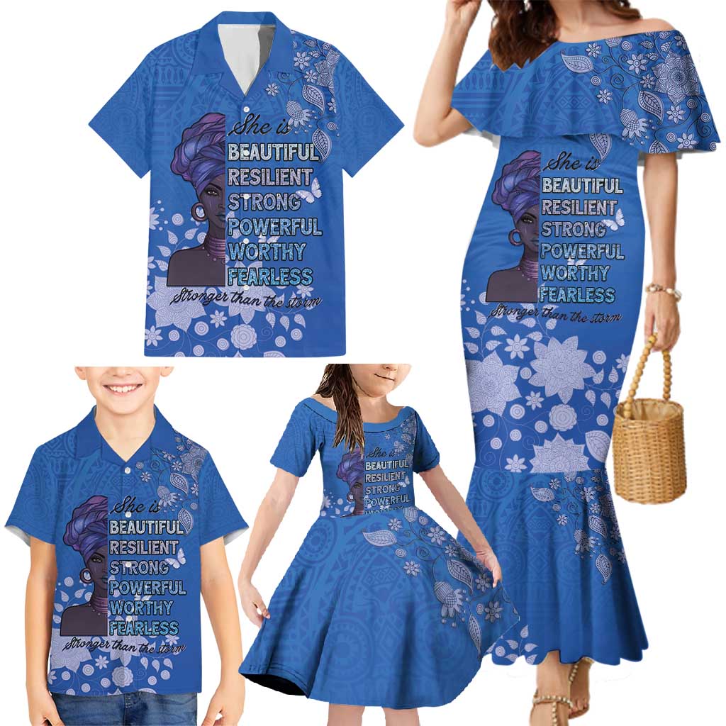 African Women Family Matching Mermaid Dress and Hawaiian Shirt Black Beautiful Brave and Bressed - Blue Color - Wonder Print Shop