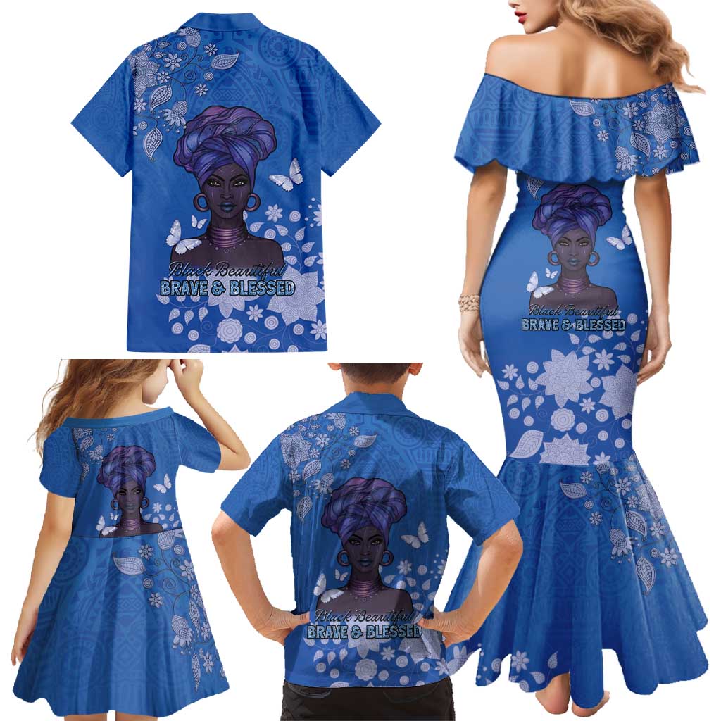 African Women Family Matching Mermaid Dress and Hawaiian Shirt Black Beautiful Brave and Bressed - Blue Color - Wonder Print Shop