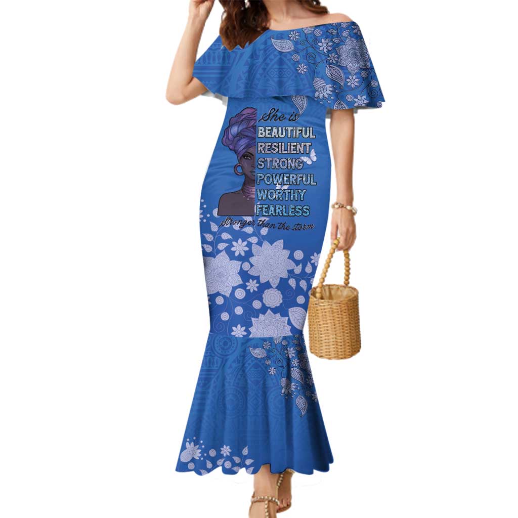 African Women Family Matching Mermaid Dress and Hawaiian Shirt Black Beautiful Brave and Bressed - Blue Color - Wonder Print Shop