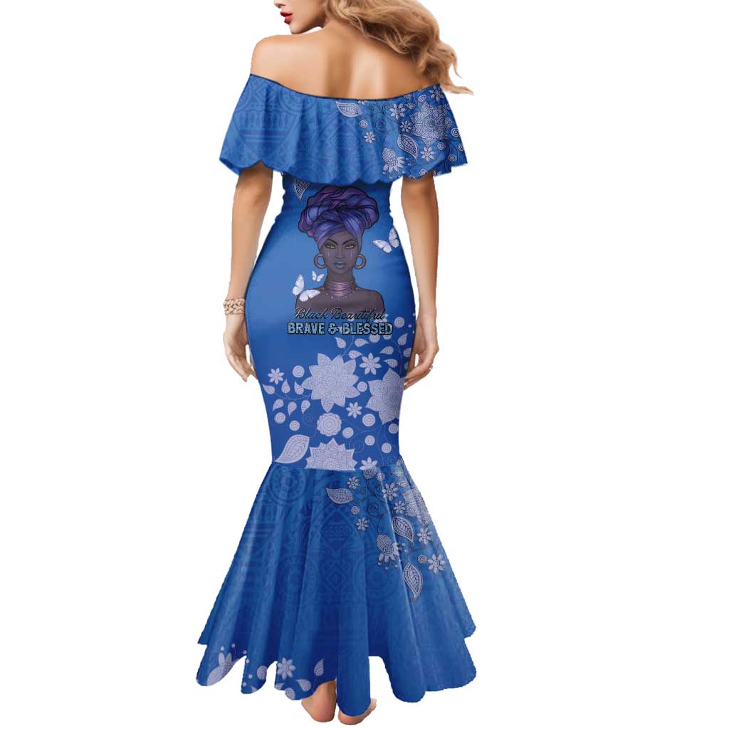 African Women Family Matching Mermaid Dress and Hawaiian Shirt Black Beautiful Brave and Bressed - Blue Color - Wonder Print Shop