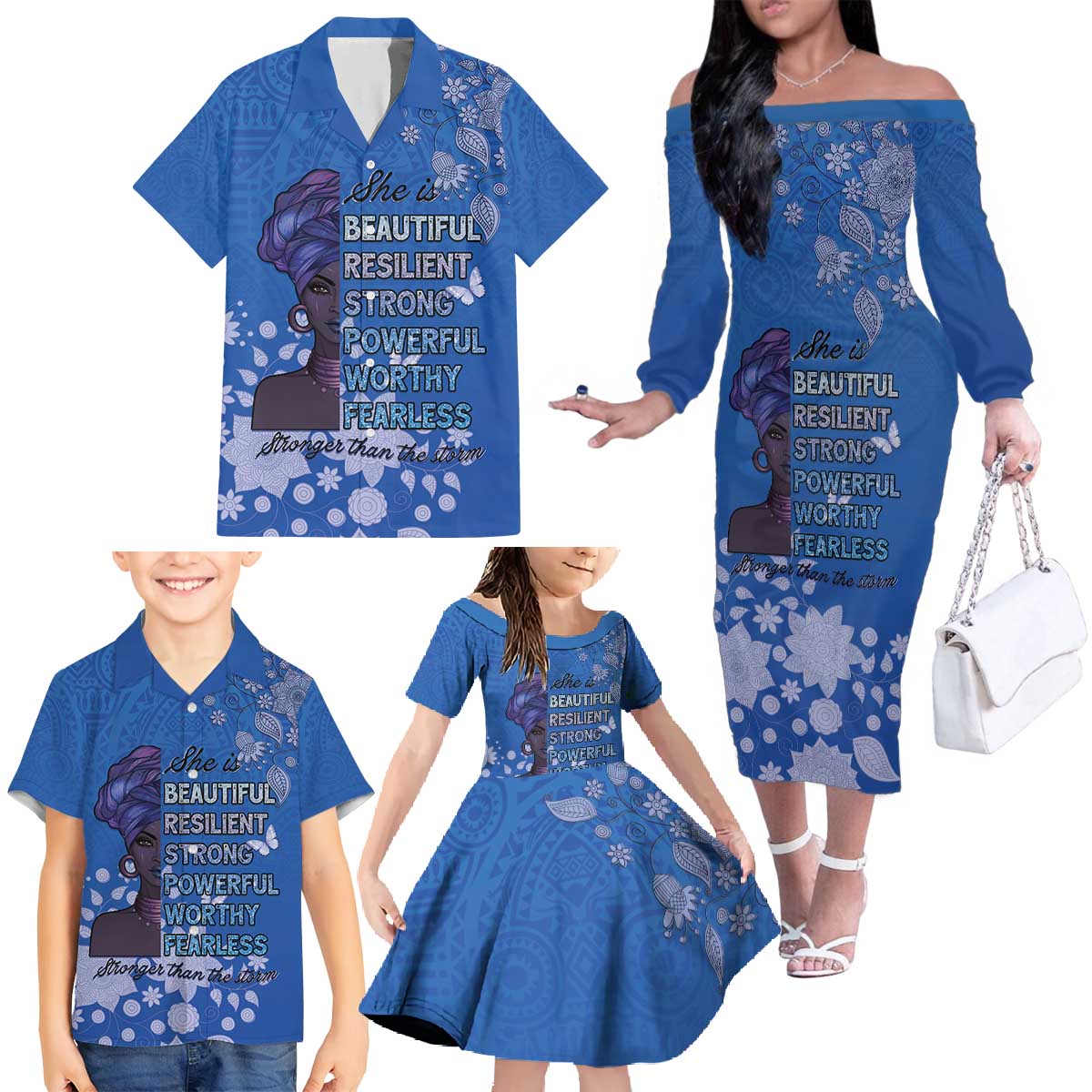 African Women Family Matching Off The Shoulder Long Sleeve Dress and Hawaiian Shirt Black Beautiful Brave and Bressed - Blue Color - Wonder Print Shop