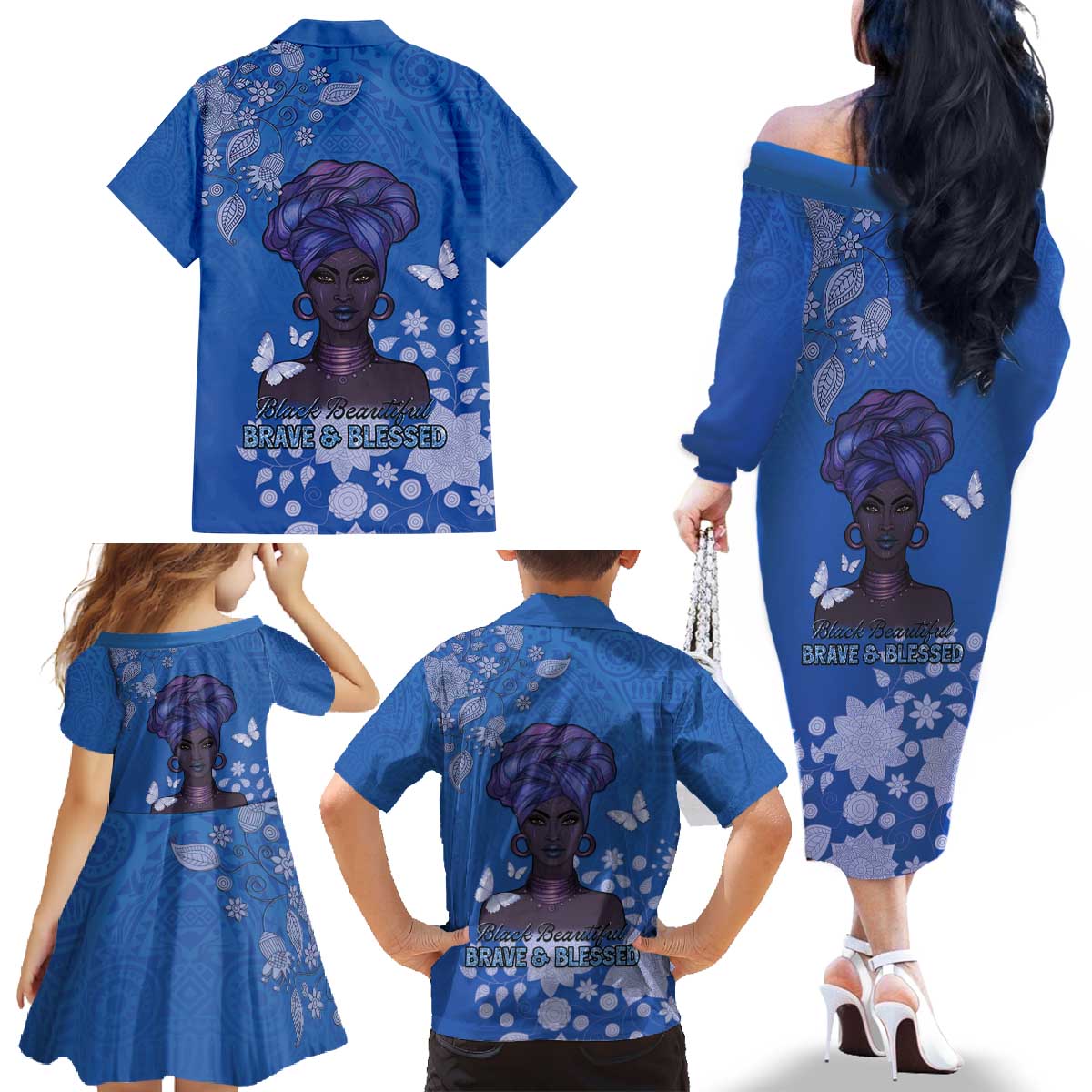 African Women Family Matching Off The Shoulder Long Sleeve Dress and Hawaiian Shirt Black Beautiful Brave and Bressed - Blue Color - Wonder Print Shop