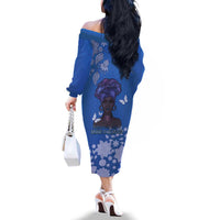African Women Family Matching Off The Shoulder Long Sleeve Dress and Hawaiian Shirt Black Beautiful Brave and Bressed - Blue Color - Wonder Print Shop