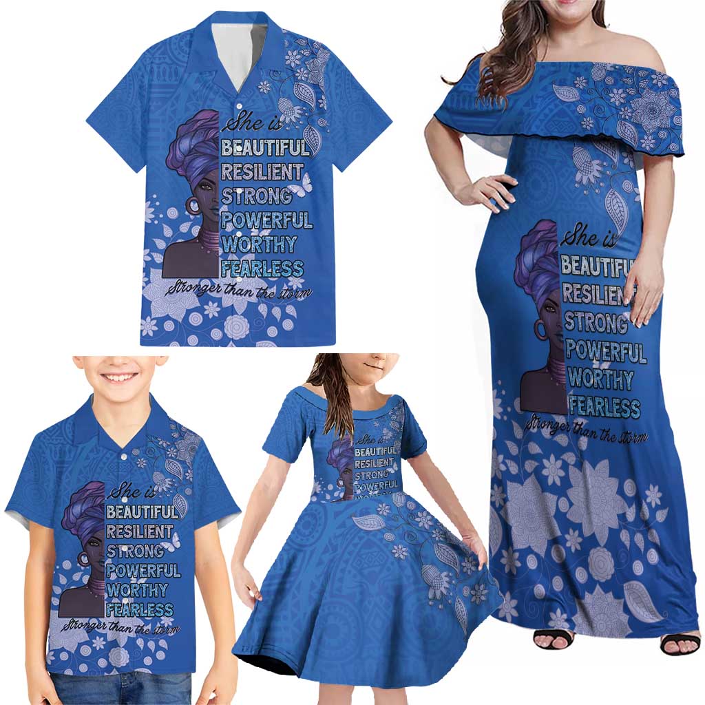 African Women Family Matching Off Shoulder Maxi Dress and Hawaiian Shirt Black Beautiful Brave and Bressed - Blue Color - Wonder Print Shop