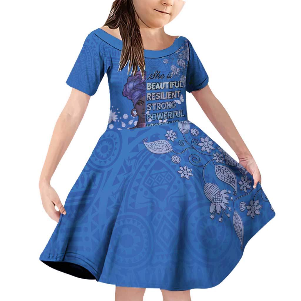 African Women Family Matching Off Shoulder Short Dress and Hawaiian Shirt Black Beautiful Brave and Bressed - Blue Color - Wonder Print Shop