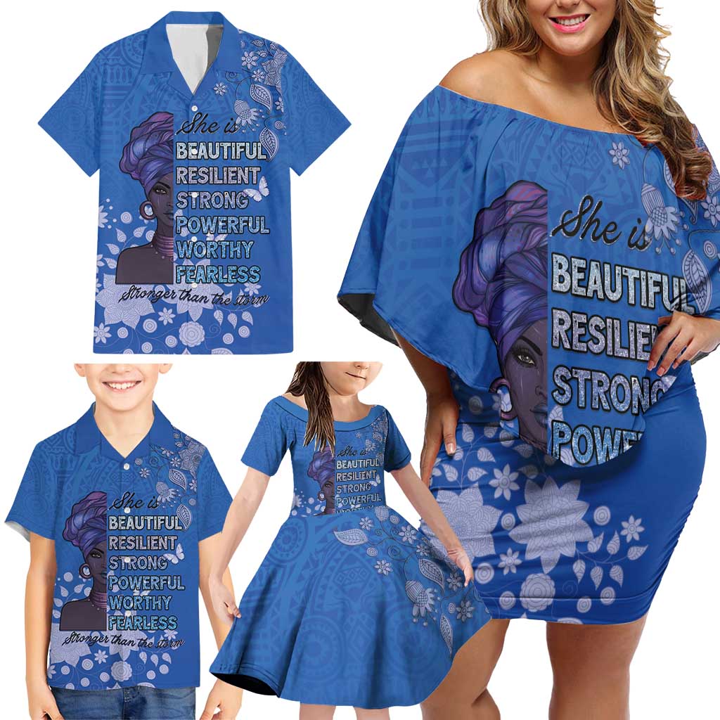 African Women Family Matching Off Shoulder Short Dress and Hawaiian Shirt Black Beautiful Brave and Bressed - Blue Color - Wonder Print Shop
