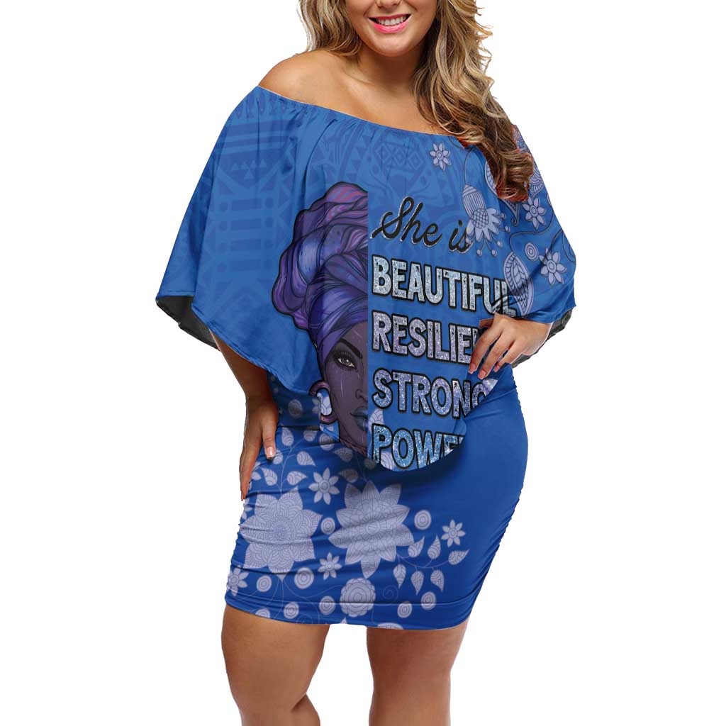 African Women Family Matching Off Shoulder Short Dress and Hawaiian Shirt Black Beautiful Brave and Bressed - Blue Color - Wonder Print Shop