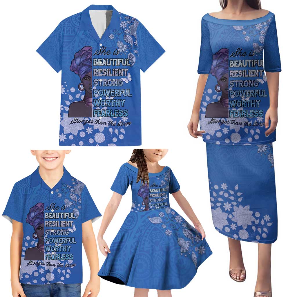 African Women Family Matching Puletasi and Hawaiian Shirt Black Beautiful Brave and Bressed - Blue Color - Wonder Print Shop