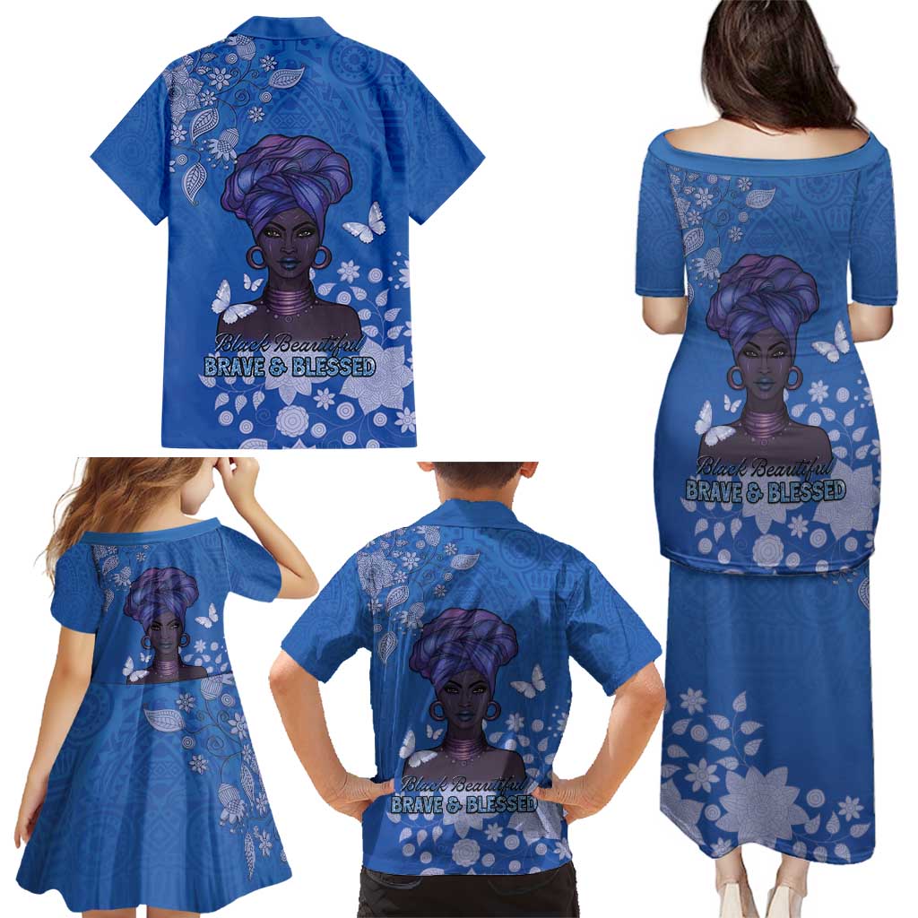 African Women Family Matching Puletasi and Hawaiian Shirt Black Beautiful Brave and Bressed - Blue Color - Wonder Print Shop