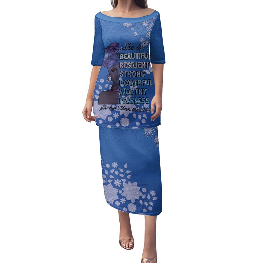 African Women Family Matching Puletasi and Hawaiian Shirt Black Beautiful Brave and Bressed - Blue Color - Wonder Print Shop