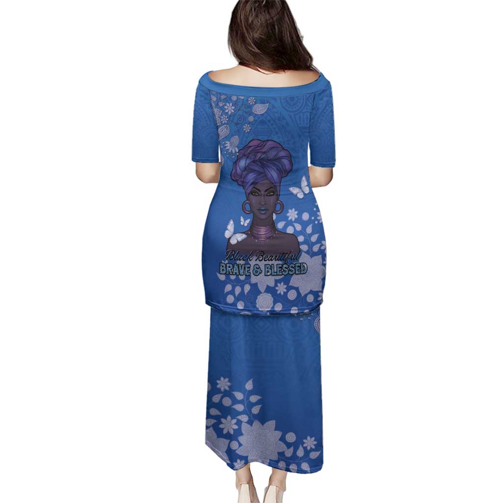 African Women Family Matching Puletasi and Hawaiian Shirt Black Beautiful Brave and Bressed - Blue Color - Wonder Print Shop