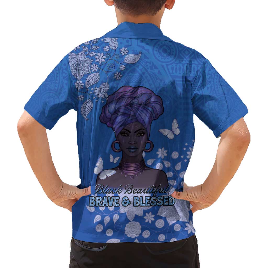 African Women Family Matching Short Sleeve Bodycon Dress and Hawaiian Shirt Black Beautiful Brave and Bressed - Blue Color - Wonder Print Shop