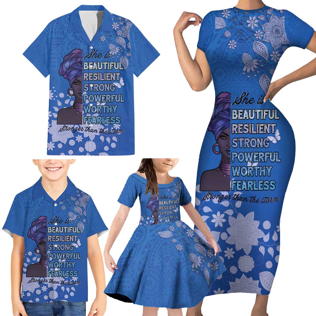 African Women Family Matching Short Sleeve Bodycon Dress and Hawaiian Shirt Black Beautiful Brave and Bressed - Blue Color - Wonder Print Shop