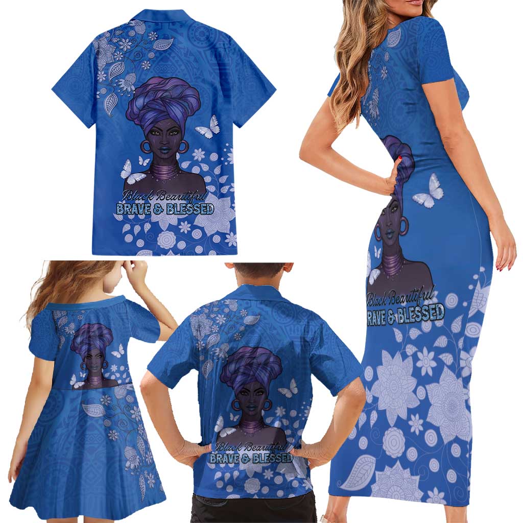 African Women Family Matching Short Sleeve Bodycon Dress and Hawaiian Shirt Black Beautiful Brave and Bressed - Blue Color - Wonder Print Shop