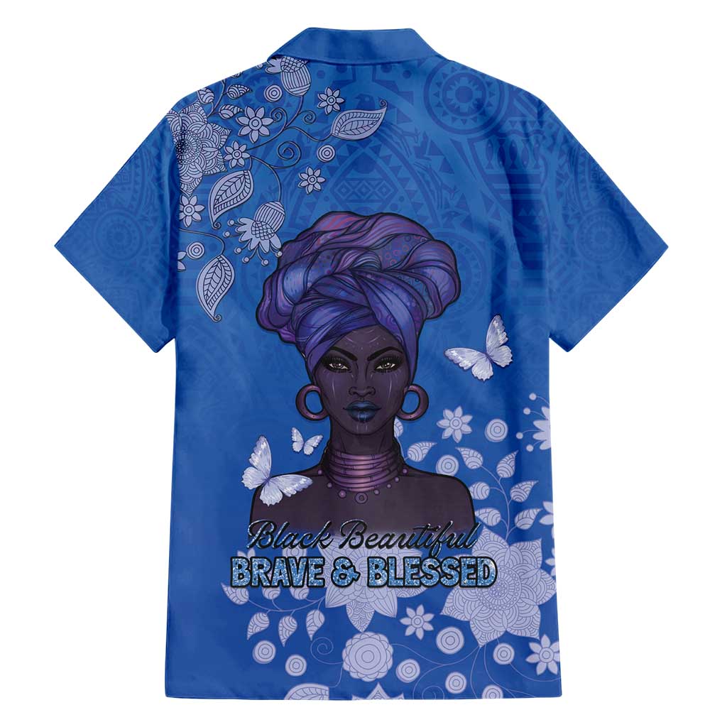 African Women Family Matching Short Sleeve Bodycon Dress and Hawaiian Shirt Black Beautiful Brave and Bressed - Blue Color - Wonder Print Shop