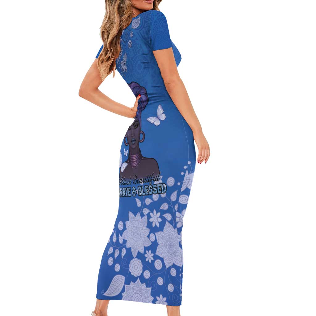 African Women Family Matching Short Sleeve Bodycon Dress and Hawaiian Shirt Black Beautiful Brave and Bressed - Blue Color - Wonder Print Shop