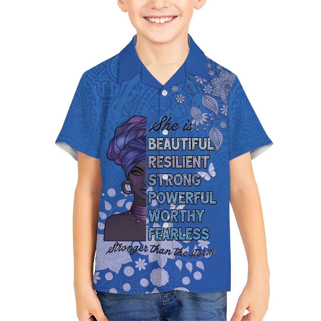 African Women Family Matching Short Sleeve Bodycon Dress and Hawaiian Shirt Black Beautiful Brave and Bressed - Blue Color - Wonder Print Shop