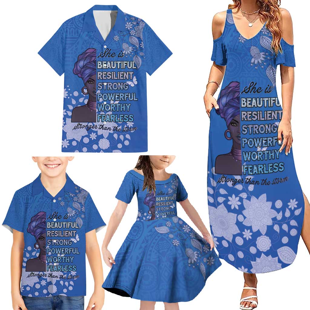 African Women Family Matching Summer Maxi Dress and Hawaiian Shirt Black Beautiful Brave and Bressed - Blue Color - Wonder Print Shop