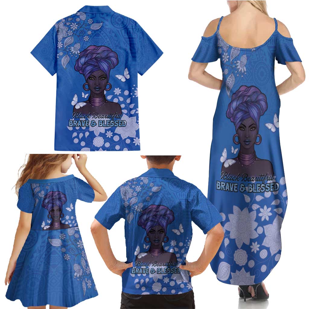 African Women Family Matching Summer Maxi Dress and Hawaiian Shirt Black Beautiful Brave and Bressed - Blue Color - Wonder Print Shop