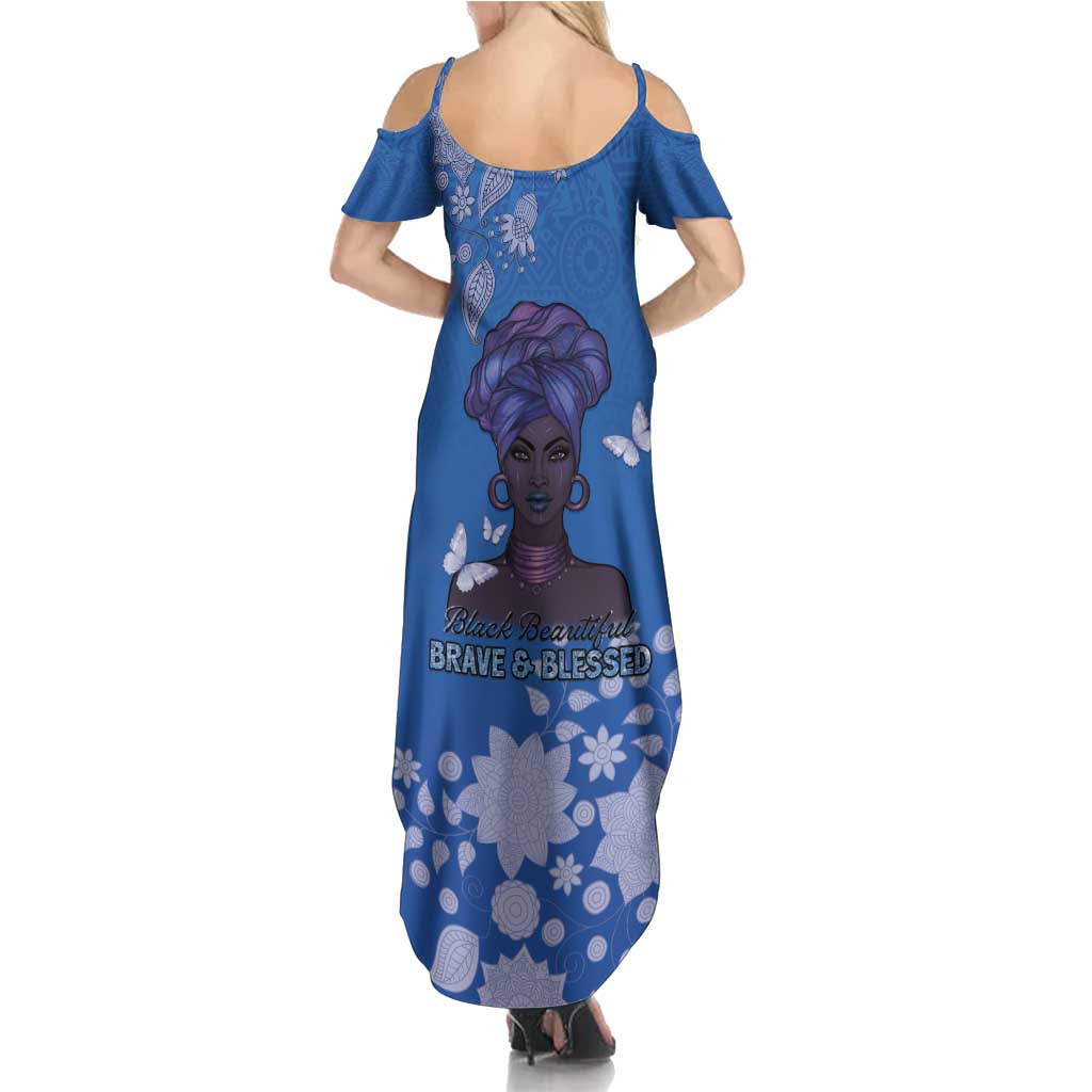 African Women Family Matching Summer Maxi Dress and Hawaiian Shirt Black Beautiful Brave and Bressed - Blue Color - Wonder Print Shop
