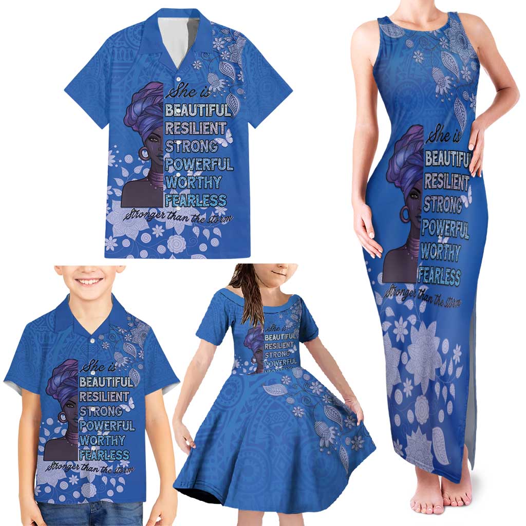 African Women Family Matching Tank Maxi Dress and Hawaiian Shirt Black Beautiful Brave and Bressed - Blue Color - Wonder Print Shop