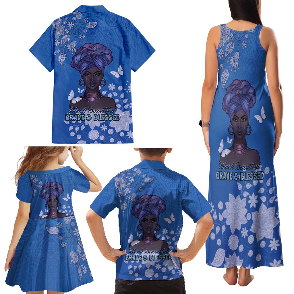 African Women Family Matching Tank Maxi Dress and Hawaiian Shirt Black Beautiful Brave and Bressed - Blue Color - Wonder Print Shop