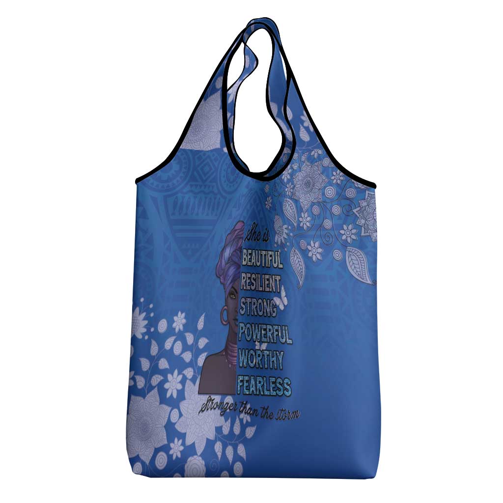 African Women Grocery Bag Black Beautiful Brave and Bressed - Blue Color - Wonder Print Shop