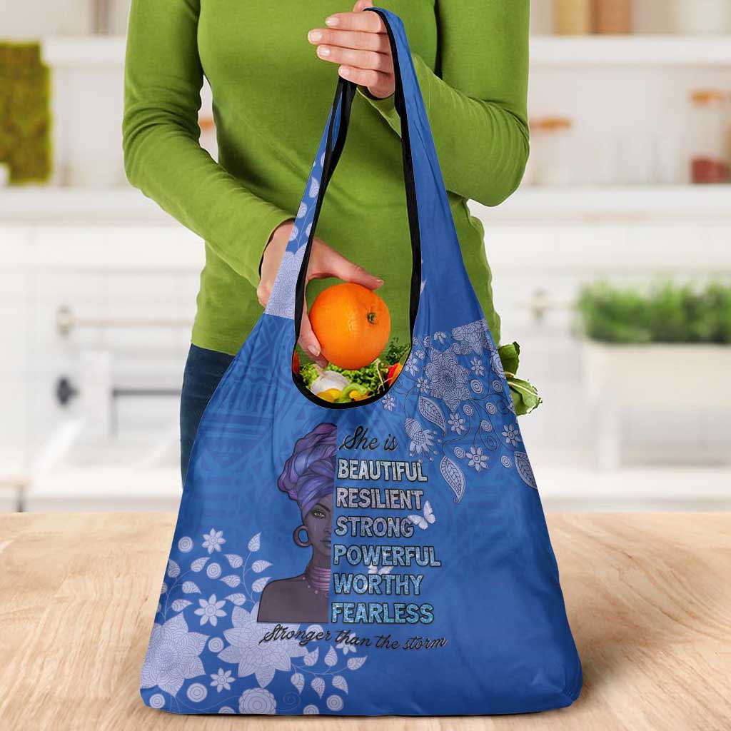 African Women Grocery Bag Black Beautiful Brave and Bressed - Blue Color - Wonder Print Shop