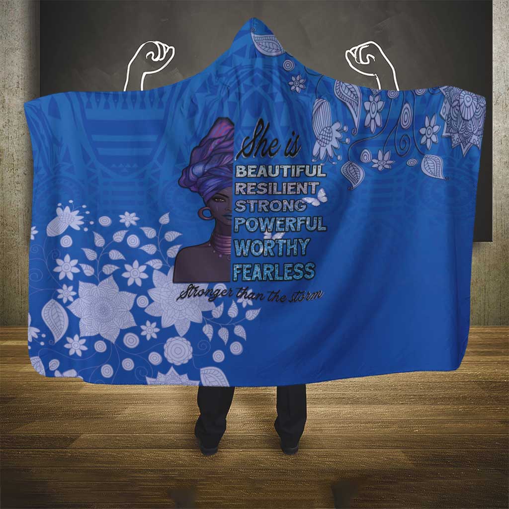 African Women Hooded Blanket Black Beautiful Brave and Bressed - Blue Color - Wonder Print Shop