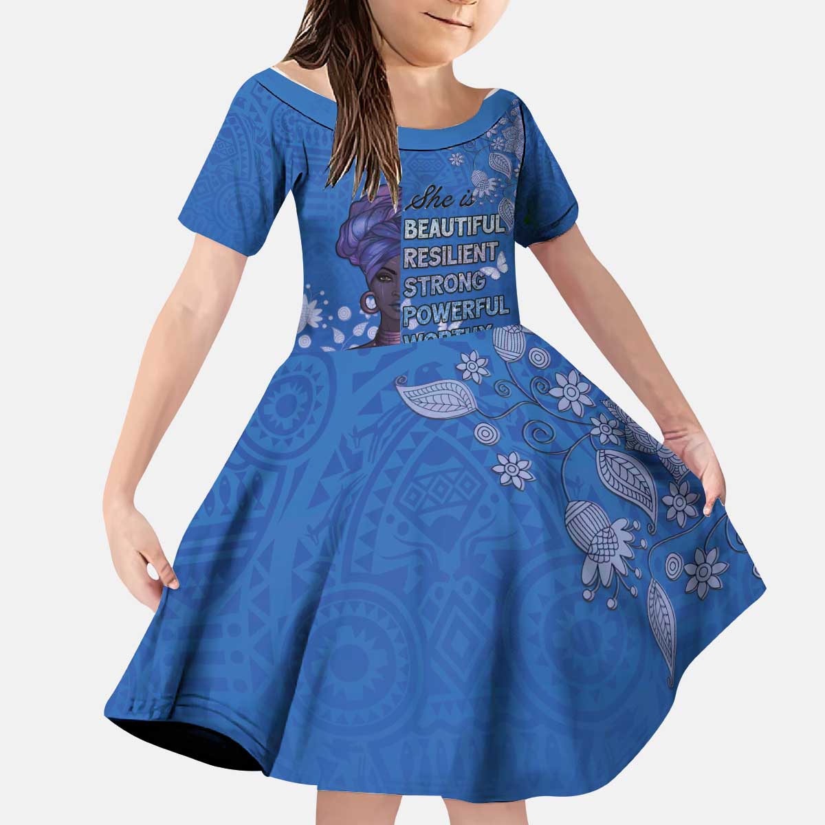 African Women Kid Short Sleeve Dress Black Beautiful Brave and Bressed - Blue Color - Wonder Print Shop