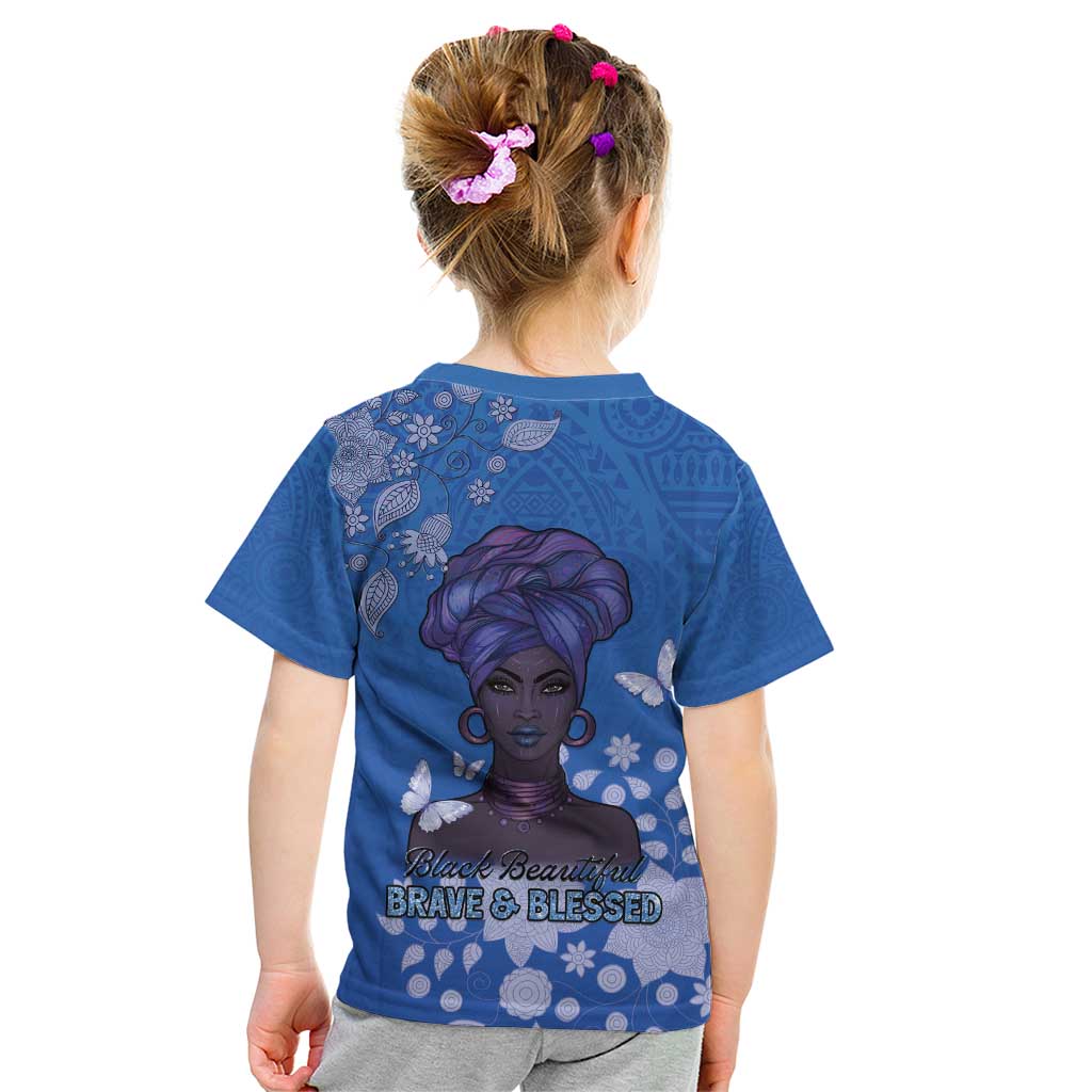 African Women Kid T Shirt Black Beautiful Brave and Bressed - Blue Color - Wonder Print Shop