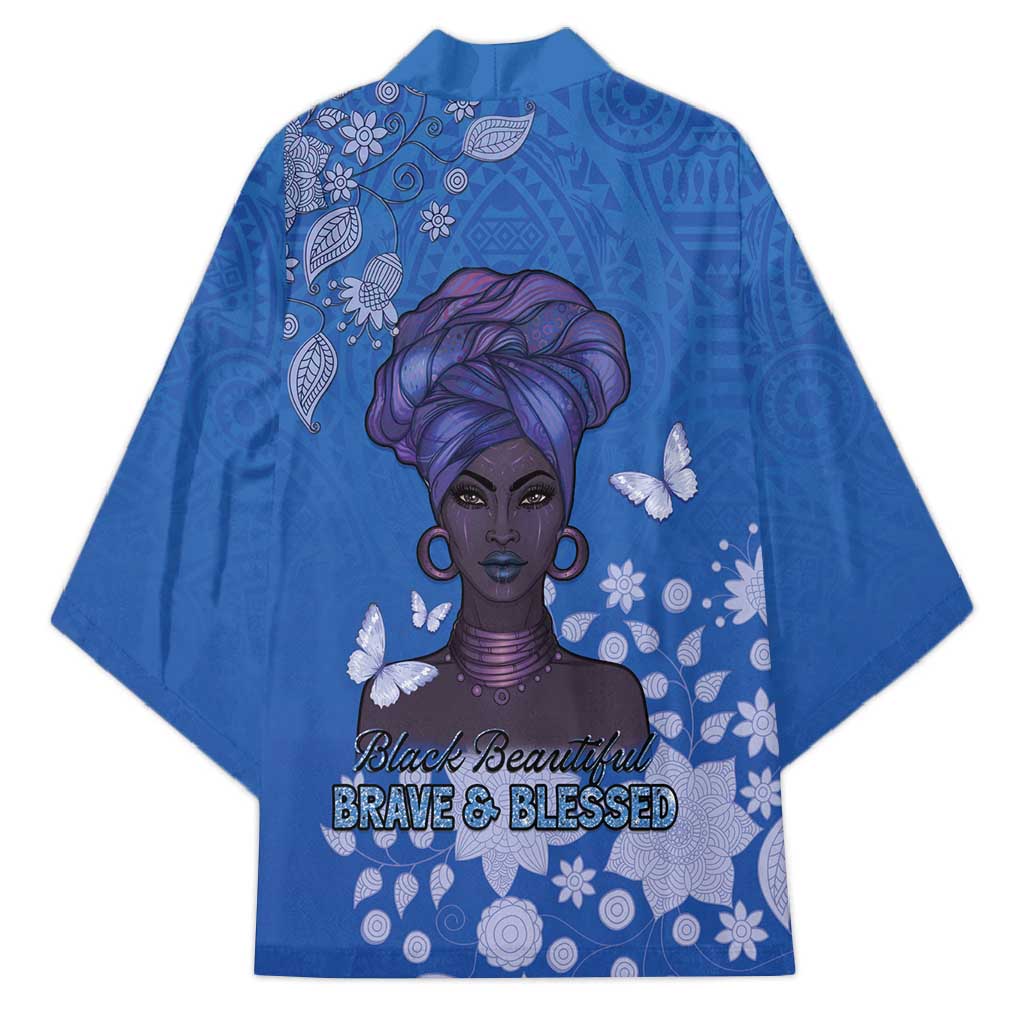 African Women Kimono Black Beautiful Brave and Bressed - Blue Color - Wonder Print Shop