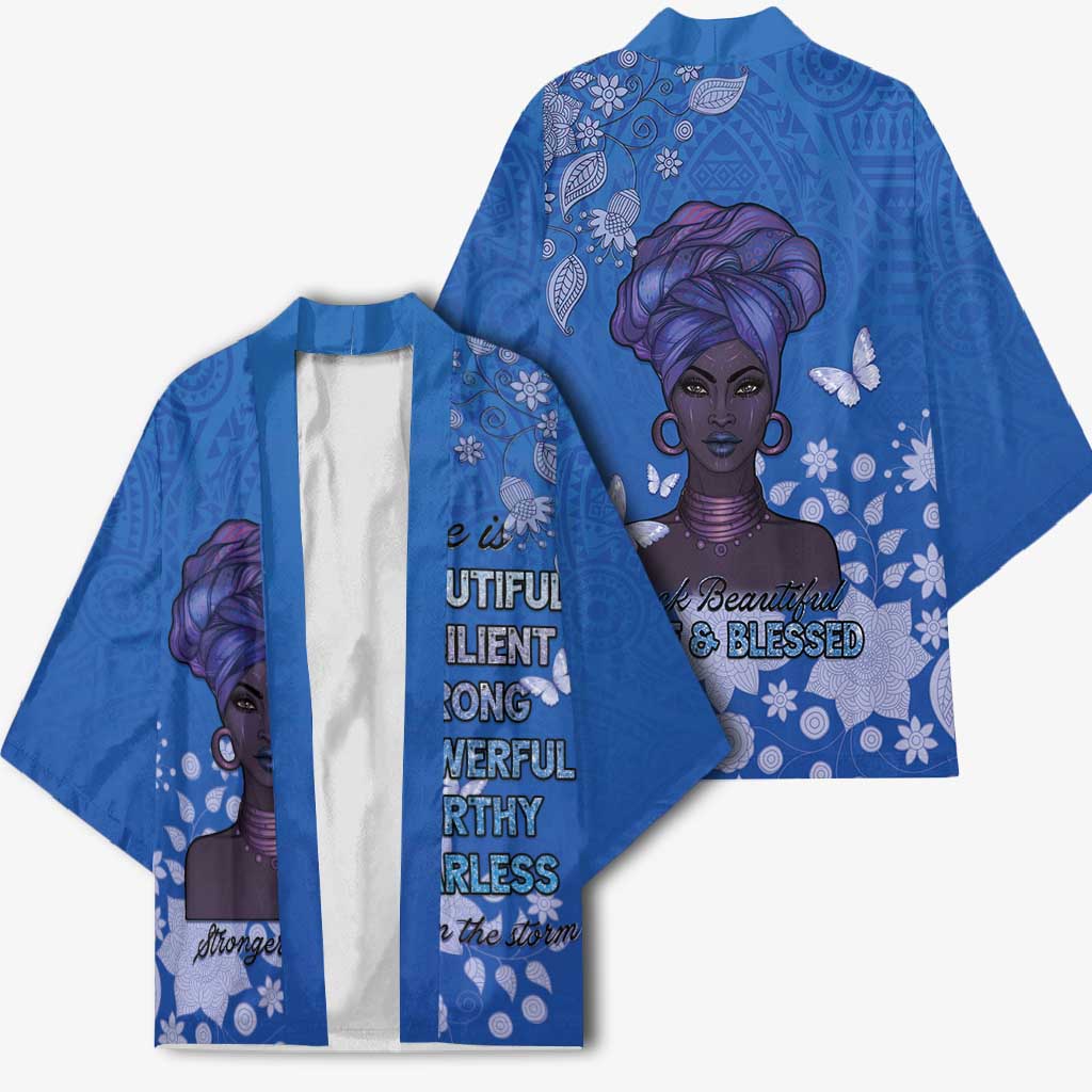 African Women Kimono Black Beautiful Brave and Bressed - Blue Color - Wonder Print Shop