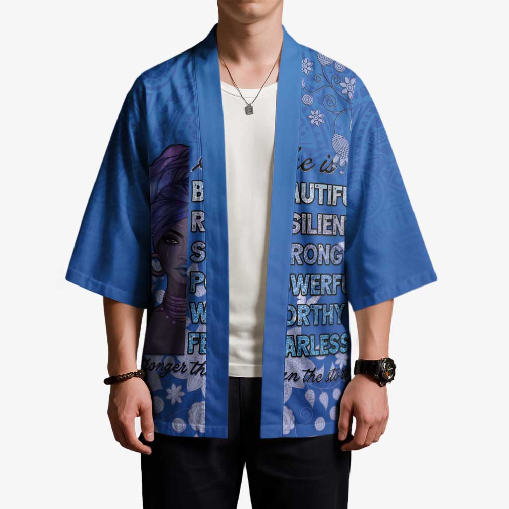 African Women Kimono Black Beautiful Brave and Bressed - Blue Color - Wonder Print Shop