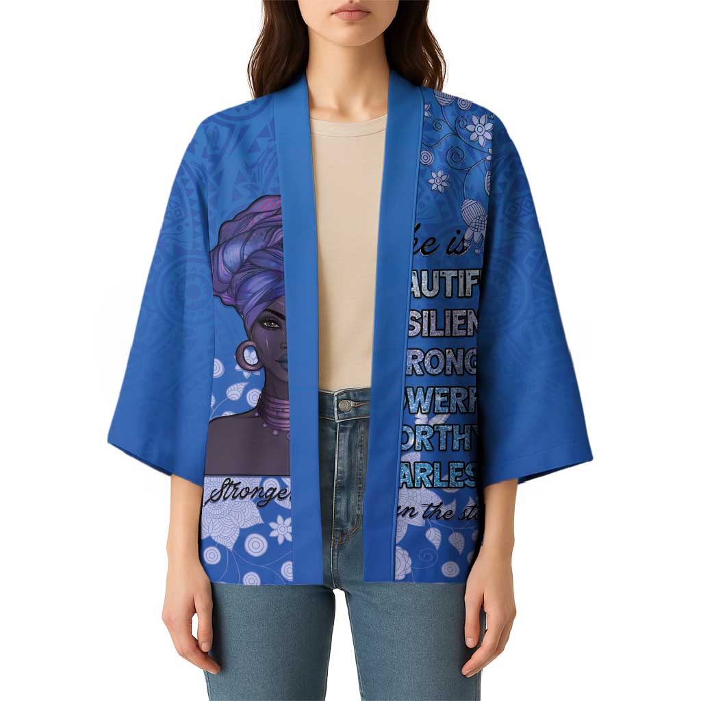African Women Kimono Black Beautiful Brave and Bressed - Blue Color - Wonder Print Shop