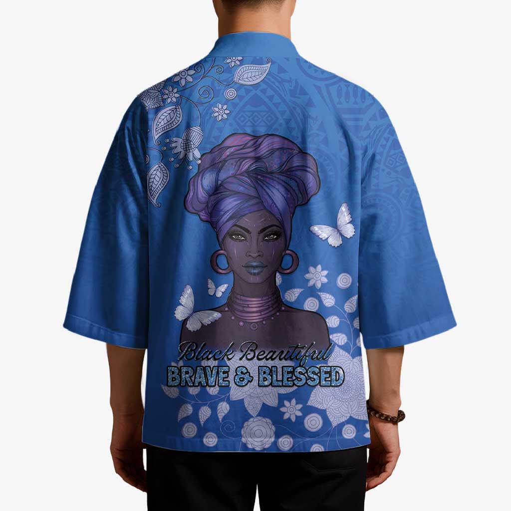 African Women Kimono Black Beautiful Brave and Bressed - Blue Color - Wonder Print Shop