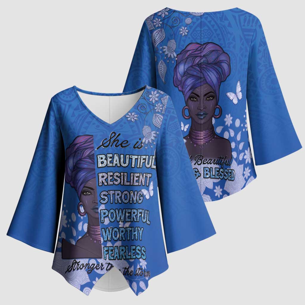 African Women Kimono Sleeve Blouse Black Beautiful Brave and Bressed - Blue Color - Wonder Print Shop