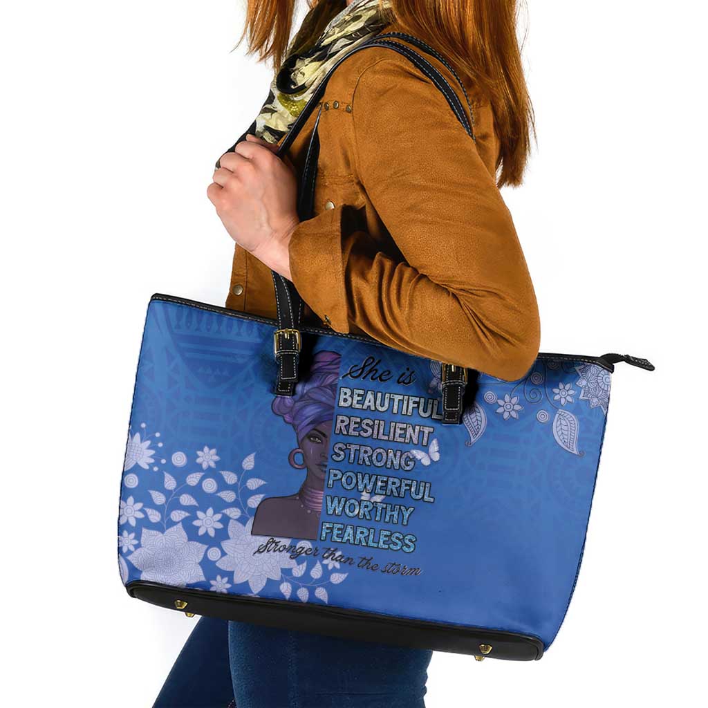 African Women Leather Tote Bag Black Beautiful Brave and Bressed - Blue Color - Wonder Print Shop