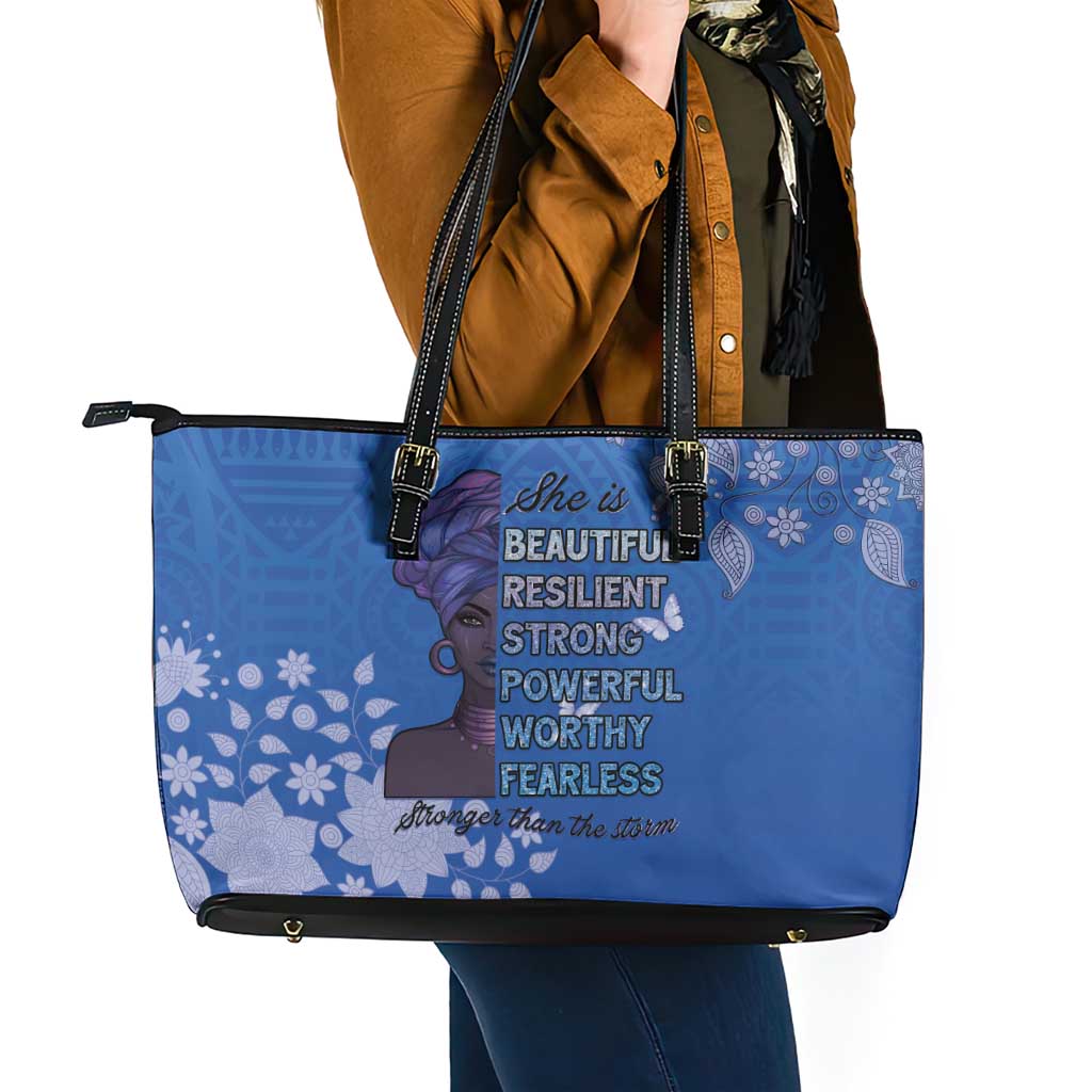 African Women Leather Tote Bag Black Beautiful Brave and Bressed - Blue Color - Wonder Print Shop