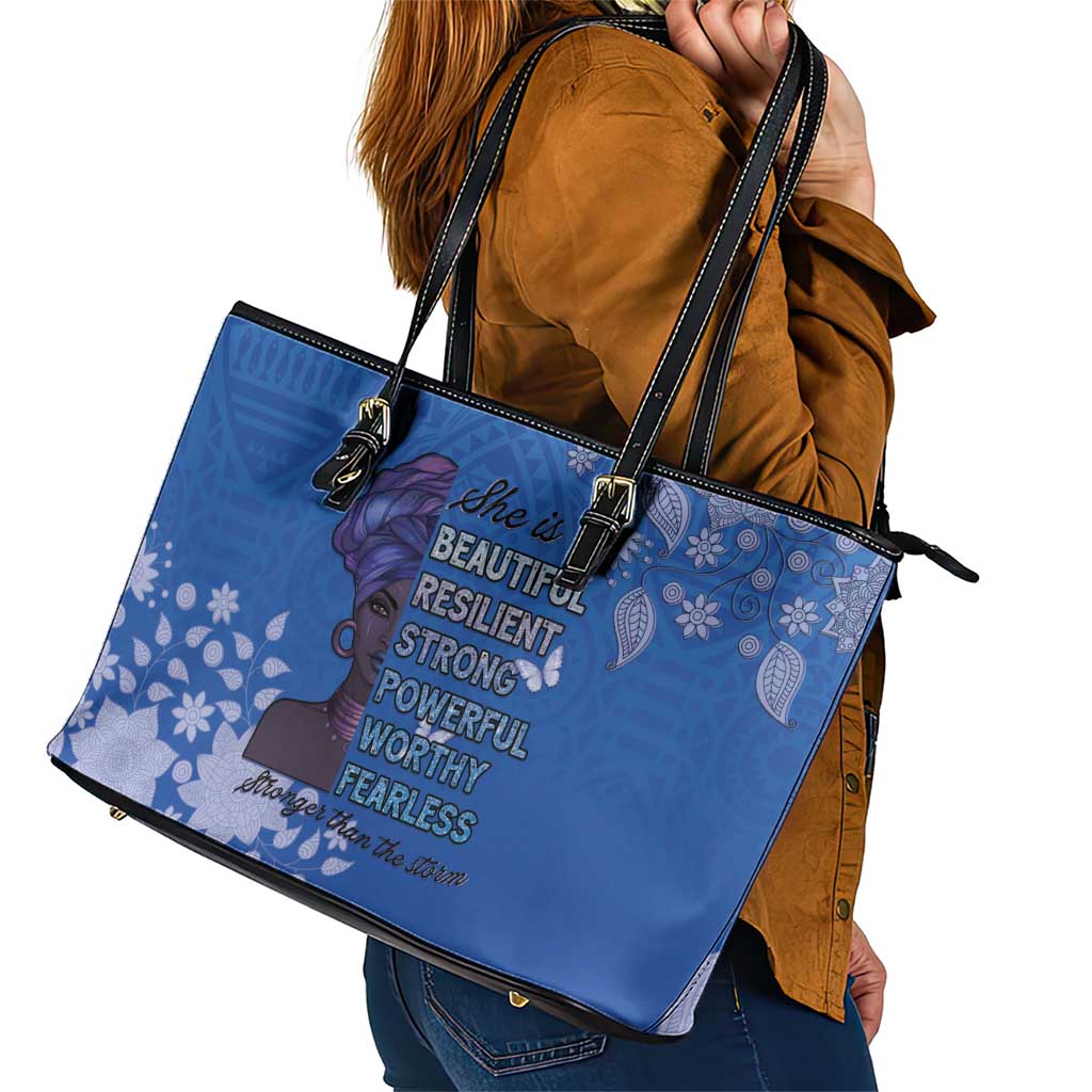 African Women Leather Tote Bag Black Beautiful Brave and Bressed - Blue Color - Wonder Print Shop