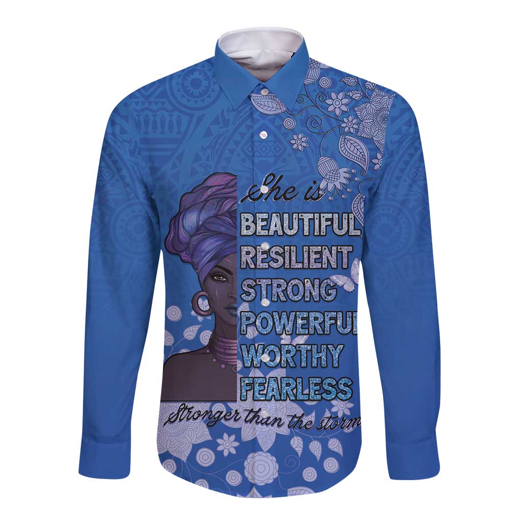 African Women Long Sleeve Button Shirt Black Beautiful Brave and Bressed - Blue Color - Wonder Print Shop