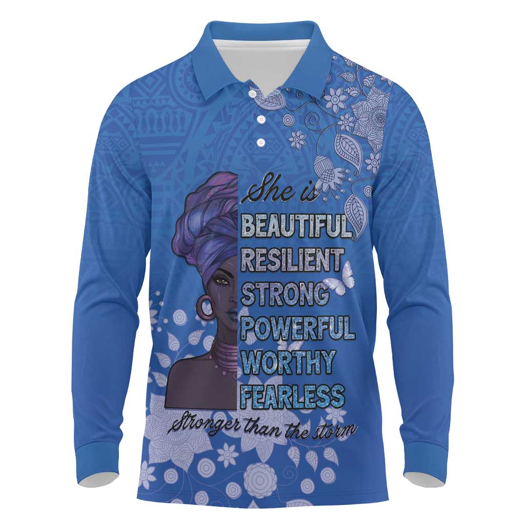 African Women Long Sleeve Polo Shirt Black Beautiful Brave and Bressed - Blue Color - Wonder Print Shop