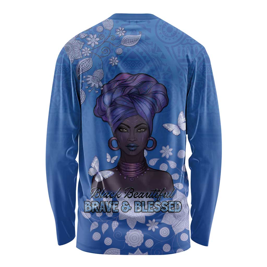African Women Long Sleeve Shirt Black Beautiful Brave and Bressed - Blue Color - Wonder Print Shop